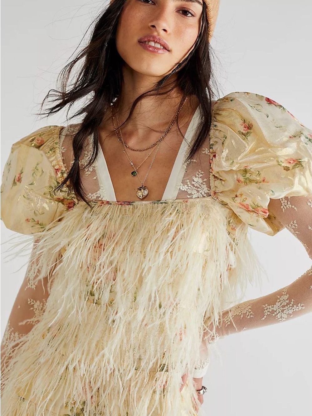 LoveShackFancy Beryl Feather Mini Dress in Golden Fog Size 0 - Picture 4 of 15